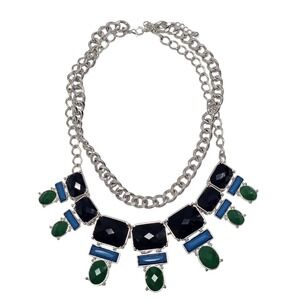 Double Strand Necklace Womens Blue Green Black Statement Bib Chunky Silver Tone